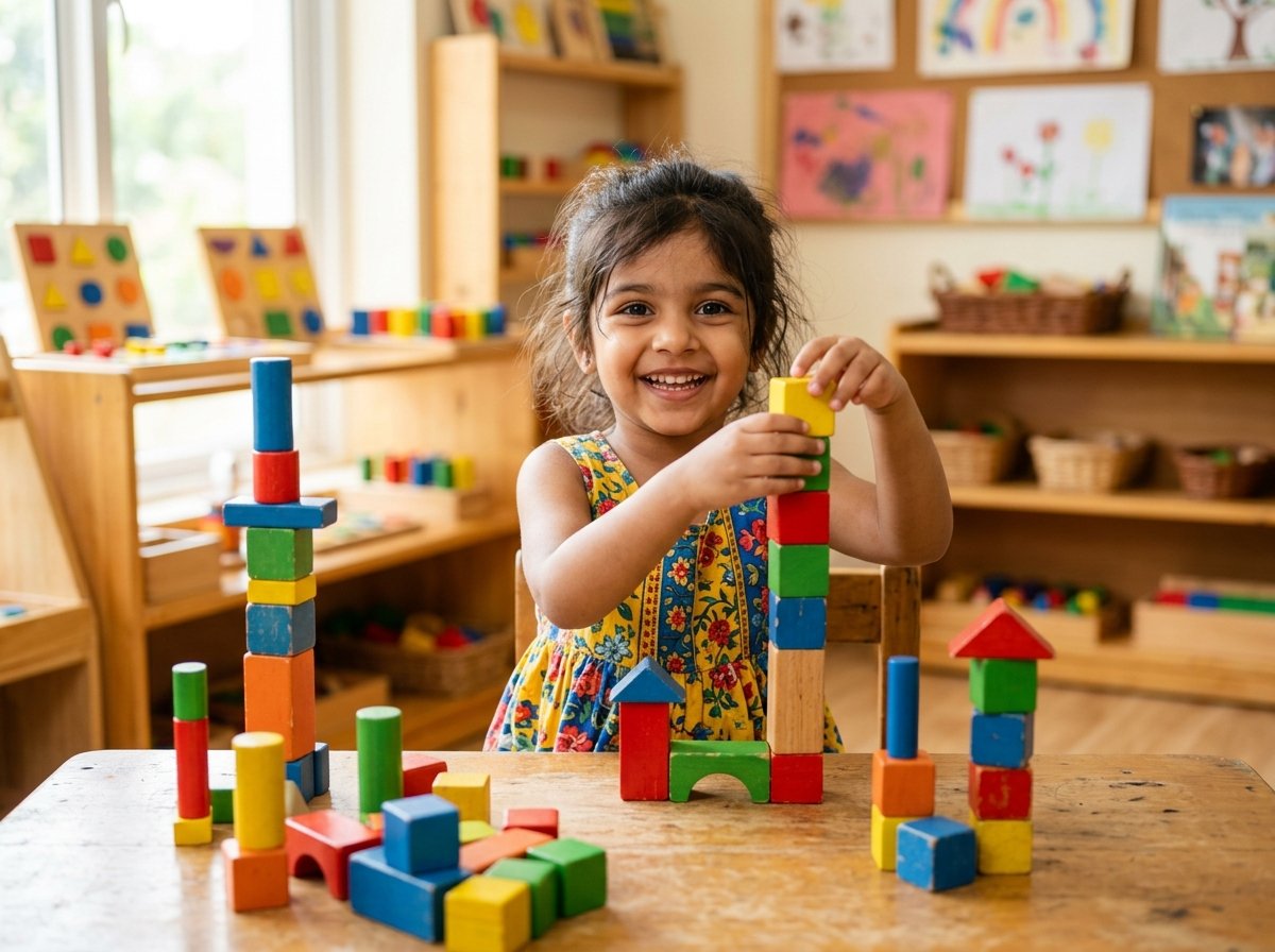 Child playing with educational wooden blocks