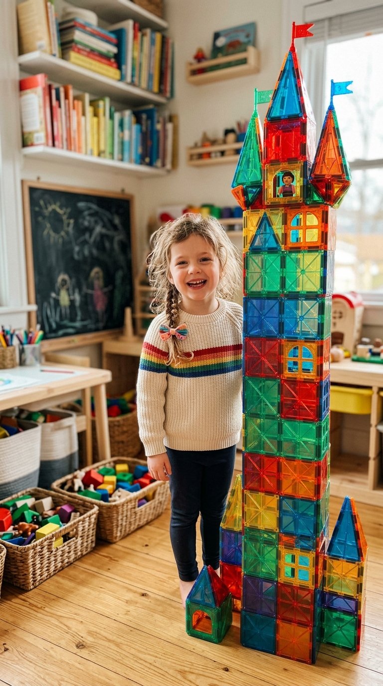 Building a castle taller than myself! 🏰🌈 Rainbow magnetic tiles in action.