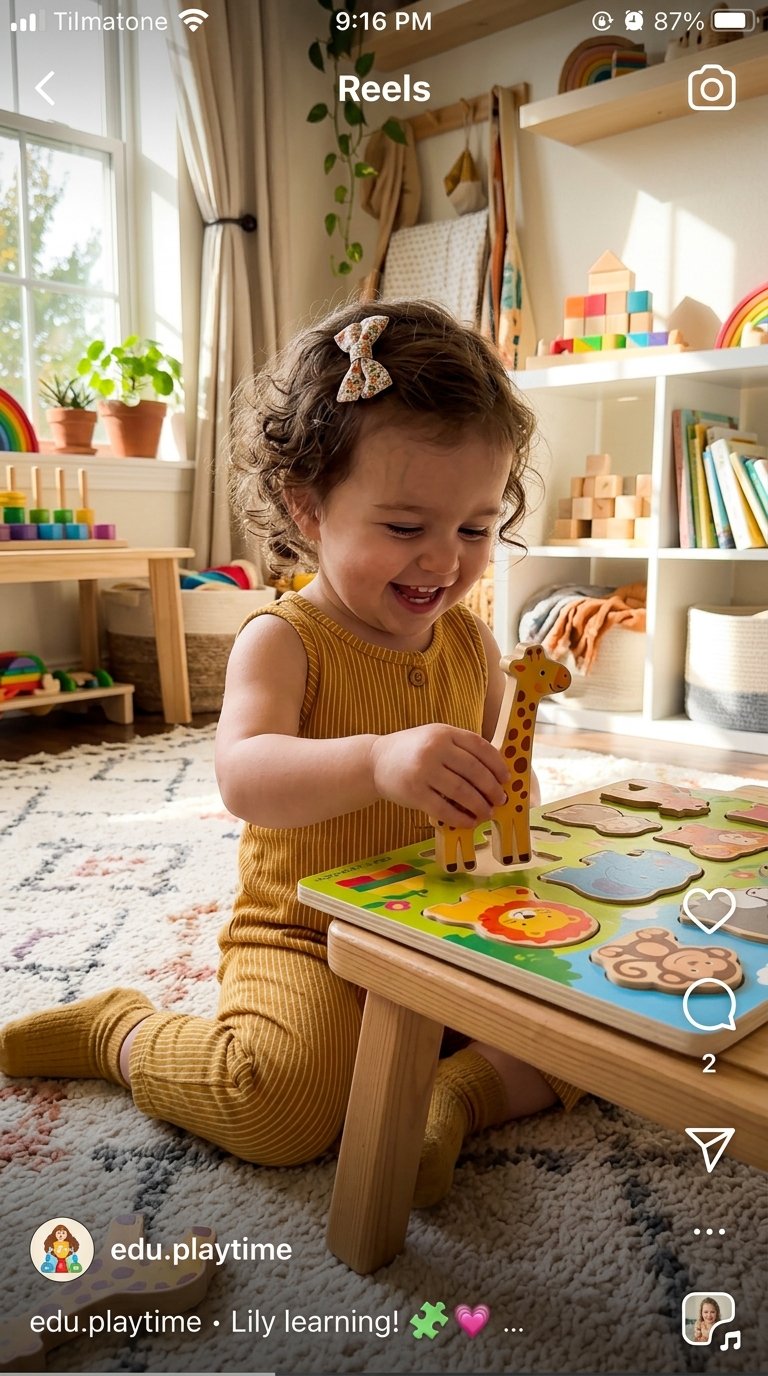 Tiny hands matching jungle animals! 🦒🦁 Developing hand-eye coordination with wooden puzzles.