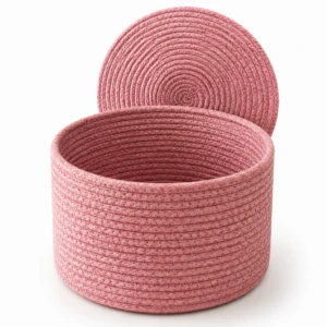 Handwoven Cotton Rope Storage Basket with Lid – Premium Pink