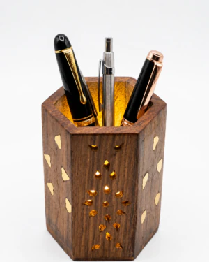 Handcrafted Wooden Pen Stand with Brass Inlay (4.5 Inch)