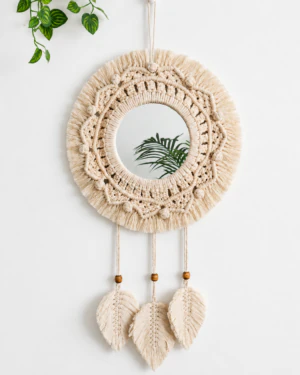 22, 2026, 02_57_25 PM Handcrafted Pure Cotton Macrame Wall Hanging Mirror with Feather Tassels