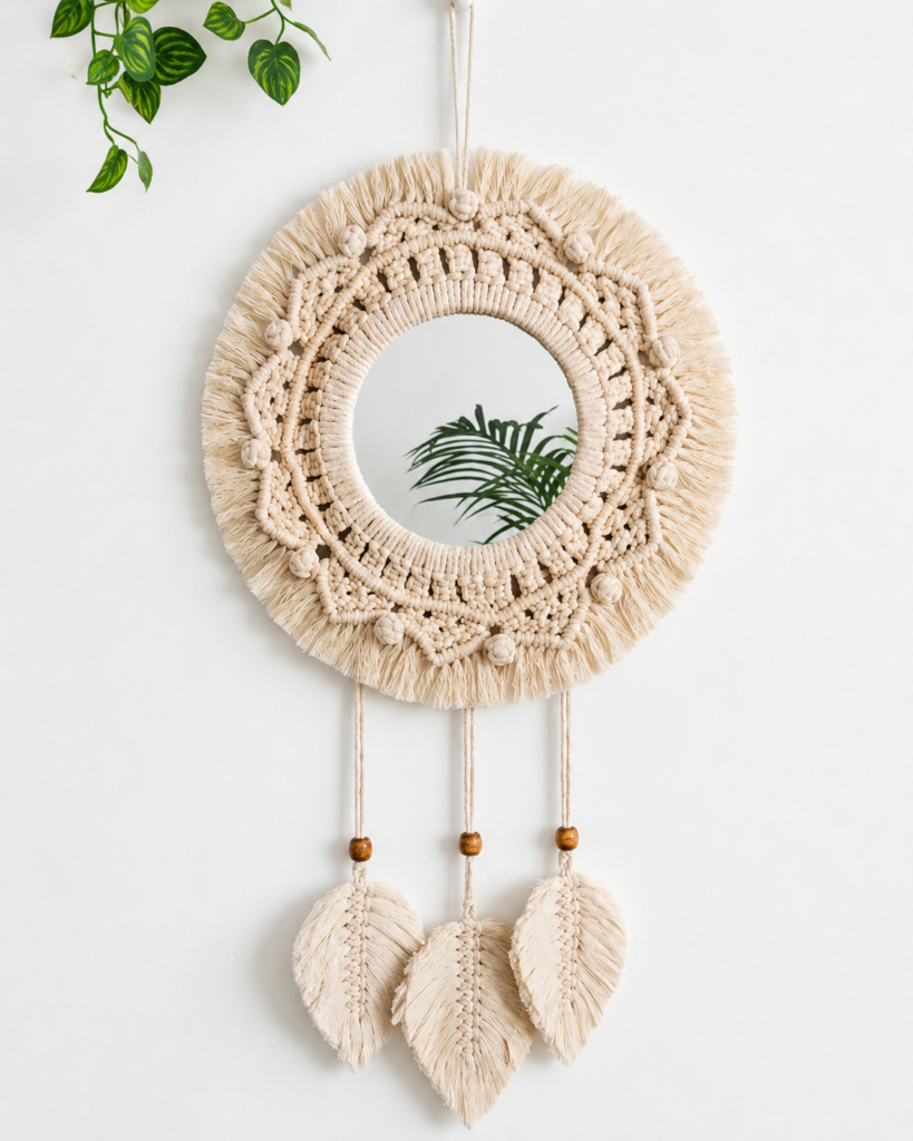 Handcrafted Pure Cotton Macrame Wall Hanging Mirror with Feather Tassels