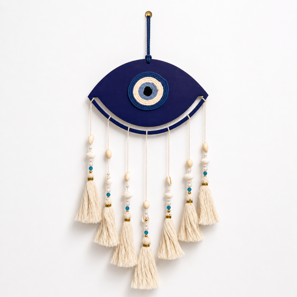 Evil Eye Wall Hanging | Handmade Boho Nazar Protection Wall Décor with Tassels & Seashells