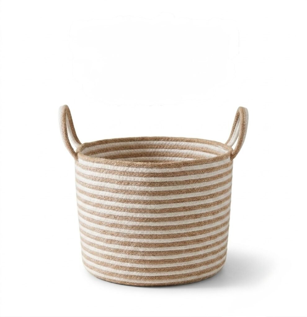 Eco-Friendly Striped Cotton & Jute Mini Storage Basket – Handcrafted Woven Organizer Bin