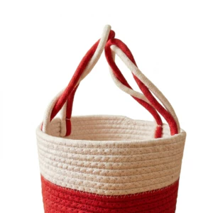 IMG_9088 wo-Tone Red & Cream Cotton Rope Mini Storage Basket – Handcrafted Woven Tote Bin