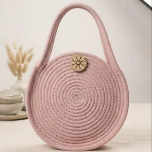 PLB1 Pink Round Cotton Rope Handbag with Carved Floral Detail