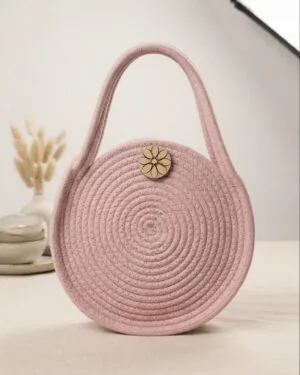 PLB1 Pink Round Cotton Rope Handbag with Carved Floral Detail