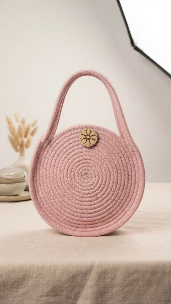Pink Round Cotton Rope Handbag with Carved Floral Detail