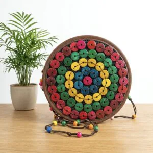 Handcrafted Round Coconut Shell Crossbody Bag – Double Pocket