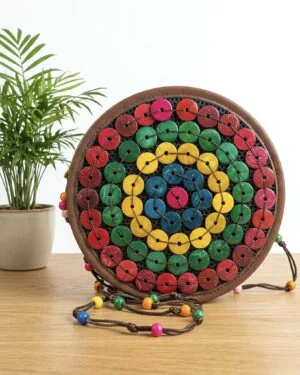 Handcrafted Round Coconut Shell Crossbody Bag – Double Pocket