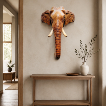 Handcrafted Kerala-Style Wooden Elephant Head Wall Décor