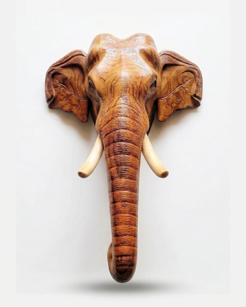 Handcrafted Kerala-Style Wooden Elephant Head Wall Décor